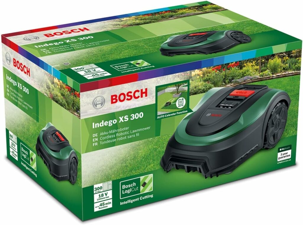 Bosch Indego XS 300 Robot Lawnmower (with Integrated 18 V Battery, Charging Station Included, Cutting Width 19 cm, for Lawns up to 300 m2, in Box)