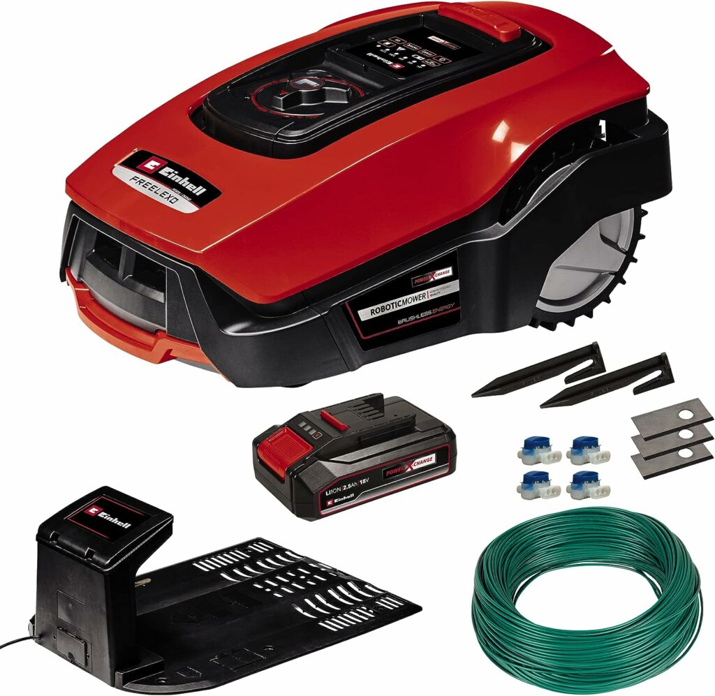 Einhell FREELEXO 600 BT Robotic Lawnmower for up to 600 m², Multi-Zone Mower, Bluetooth App, Includes 2.5 Ah PXC Battery, 140 m Wire, 200 Hooks, 3 Blades, 4 Clamps, Installation Kit