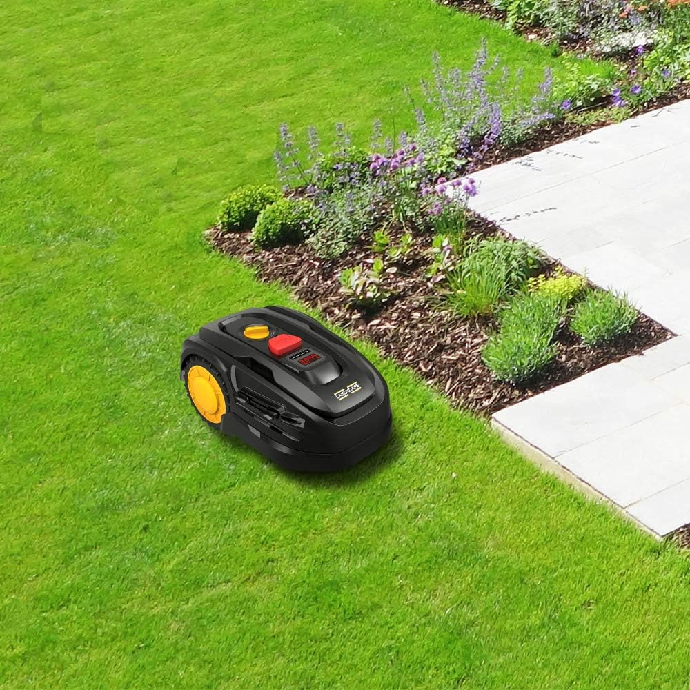 LANDXCAPE LX799 Robotic Lawnmower for up to 300 m² 25% Incline Automatic Lawnmower with Side Load Digital Display 3-Blade Cutting / Mulching System Shock Detection Connected Garden Robot Black / Organge
