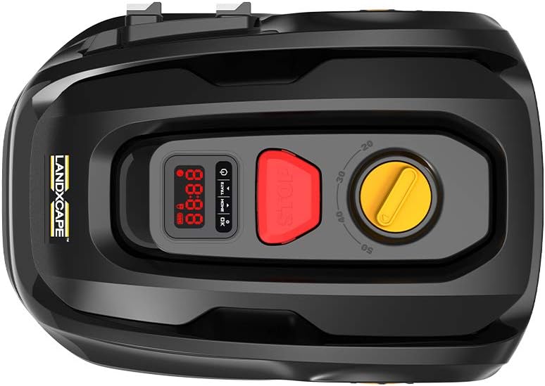 LANDXCAPE LX799 Robotic Lawnmower for up to 300 m² 25% Incline Automatic Lawnmower with Side Load Digital Display 3-Blade Cutting / Mulching System Shock Detection Connected Garden Robot Black / Organge