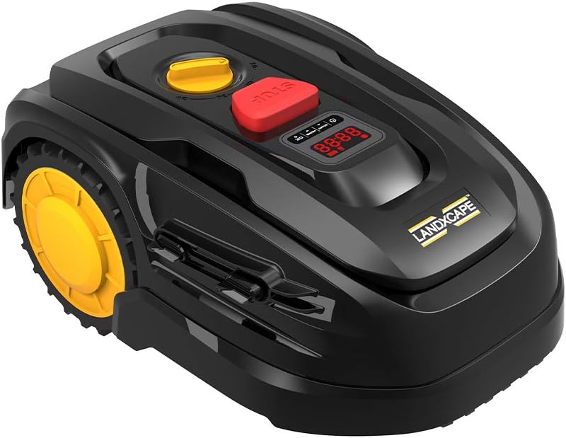 LANDXCAPE LX799 Robotic Lawnmower for up to 300 m² 25% Incline Automatic Lawnmower with Side Load Digital Display 3-Blade Cutting / Mulching System Shock Detection Connected Garden Robot Black / Organge