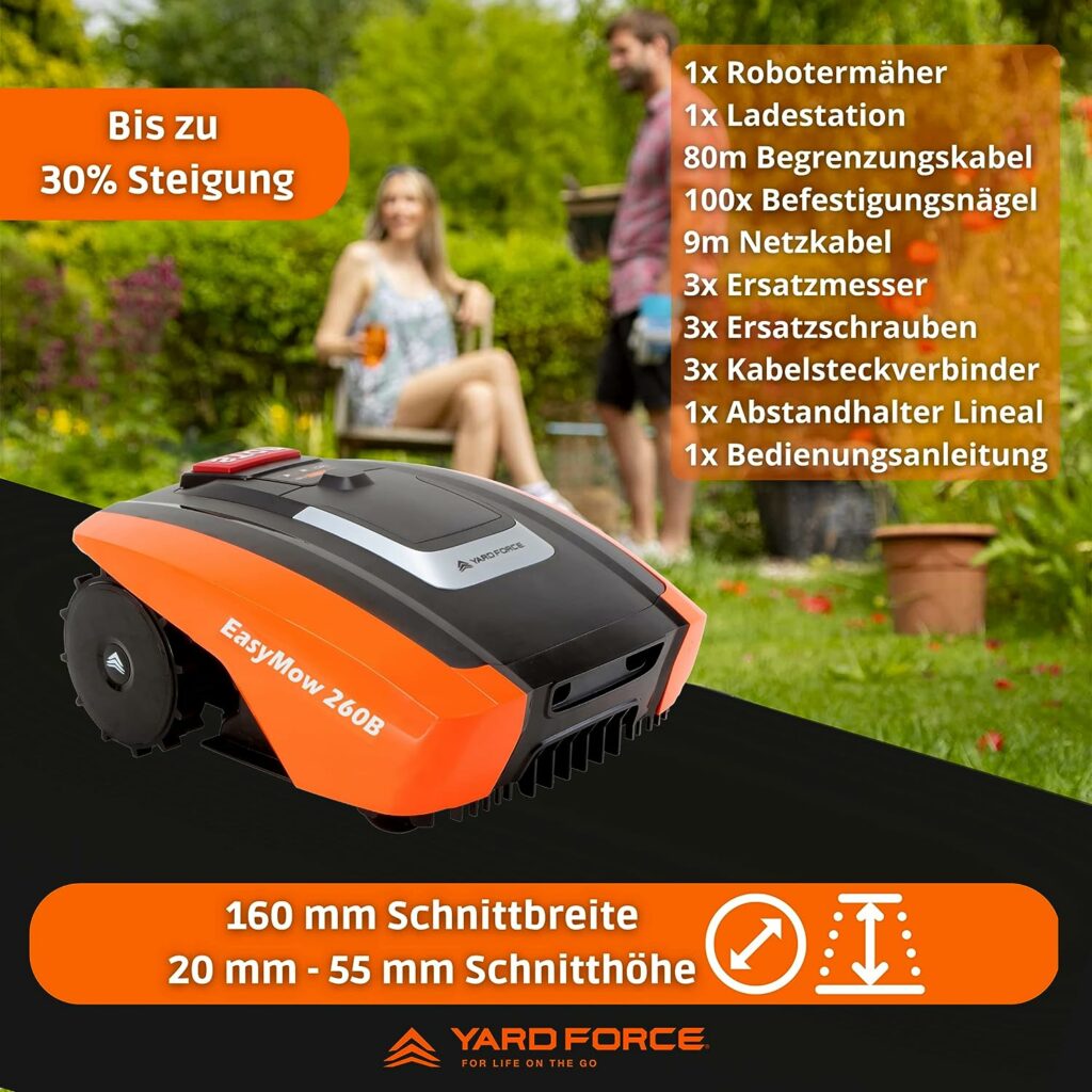 Yard Force FORCE EasyMow 260B Robotic Lawnmower up to 260 m² - Self-Propelled Robot Lawnmower, Easy Operation, Bluetooth and App Control, 30% Incline and 20 V / 2.0 Ah Lithium-Ion Battery, 260 M² M²
