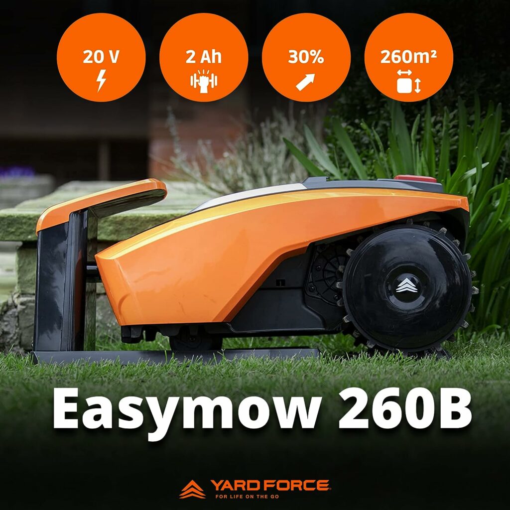 Yard Force FORCE EasyMow 260B Robotic Lawnmower up to 260 m² - Self-Propelled Robot Lawnmower, Easy Operation, Bluetooth and App Control, 30% Incline and 20 V / 2.0 Ah Lithium-Ion Battery, 260 M² M²