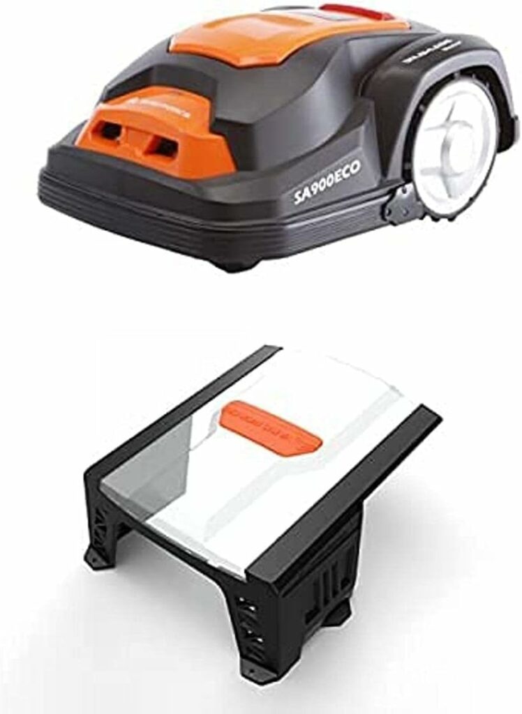 Yard Force SA900ECO Robotic Lawnmower, Suitable for Lawns up to 900 m², Edge Cutting Function, Rain Sensor and Brushless Motor, 28 V with Black Garage